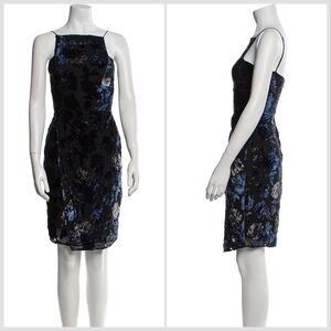 Reformation velvet floral print short knee length dress black, silver & blue XS